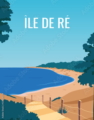 travel poster of beach in Ile de Re, france. landscape vector illustration with colored style for poster, postcard, card, print.