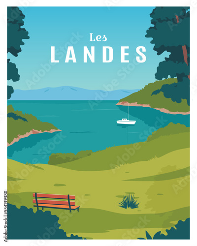 Landscape the Landes region of France is famous for its great beaches. travel to france. vector illustration with color style for travel poster, postcard, card, print.