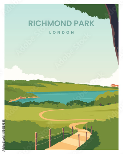 Travel poster of Richmond Park, London, United Kingdom. sunny day in late Autumn. vector illustration background with flat style for poster, postcard, card, print.