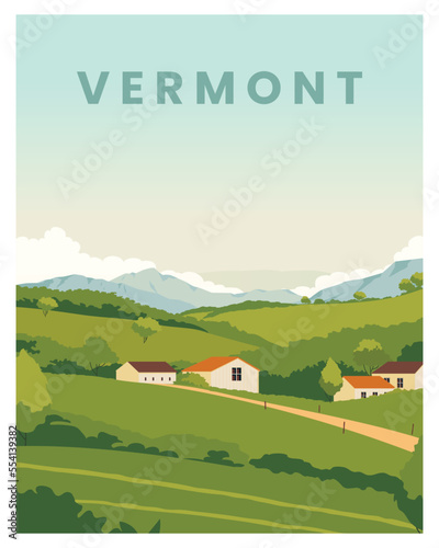 landscape background of scenic village in Vermont. travel to Vermont, New England, USA. vector illustration with colored style for poster, postcard, card, print.