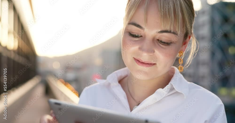 City, tablet and business woman in street on social media, internet browsing or research. Face, tech and happy female employee from Canada with digital touchscreen outdoors for email or web scrolling