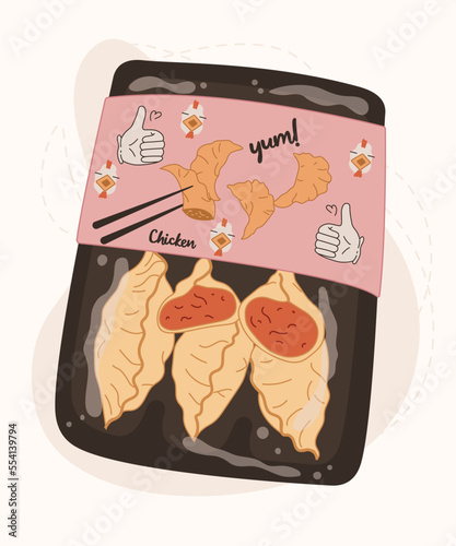 Asian dumplings in a package for sale. Chicken gedza for advertising, menus, posters. Vector illustration of Asian food jiaozi, gyoza