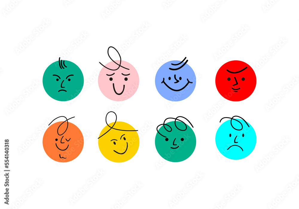 logo Round abstract comic face with various Emotions. Crayon drawing style. Different colorful characters. cartoon style. Vector design logo Round abstract comic face with various Emotions. Crayon drawing style. Different colorful characters. cartoon style. Vector design