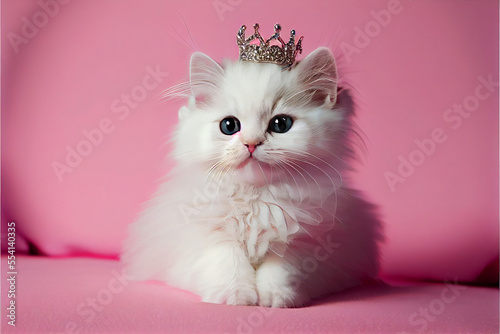 Adorable White Kitten Wearing Tutu Sitting on Pink Background. Generative ai