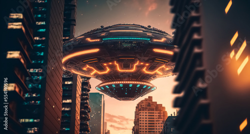 UFO invasionover planet earth city. digital art 