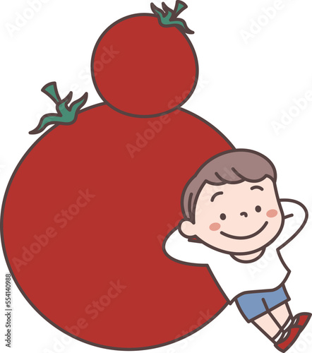 トマトに寄りかかる男の子のイラスト素材