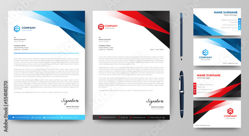 Professional creative letterhead and business card template. Modern a4 Business Letterhead Design. Red and Blue. Corporate business card branding identity. Vector