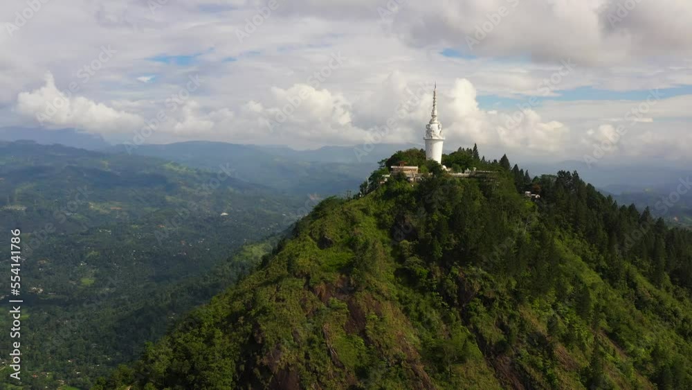 Aerial drone of Ambuluwawa biodiversity complex, known as multi religion center. Gampola, Sri Lanka.