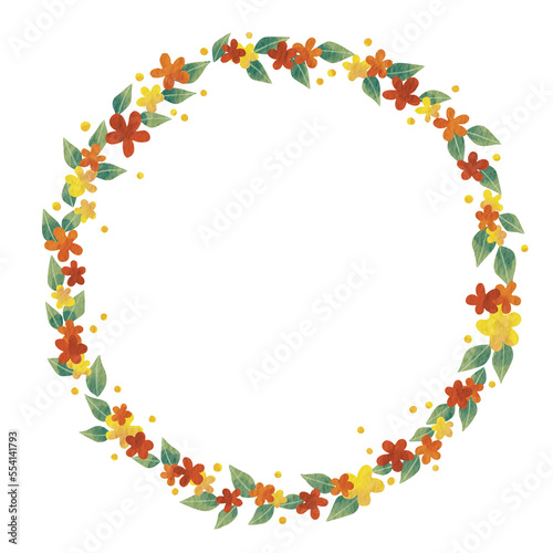 Yellow, red and orange flower with leaf wreath illustration for decoration on autumn season and Thanksgiving festival. 