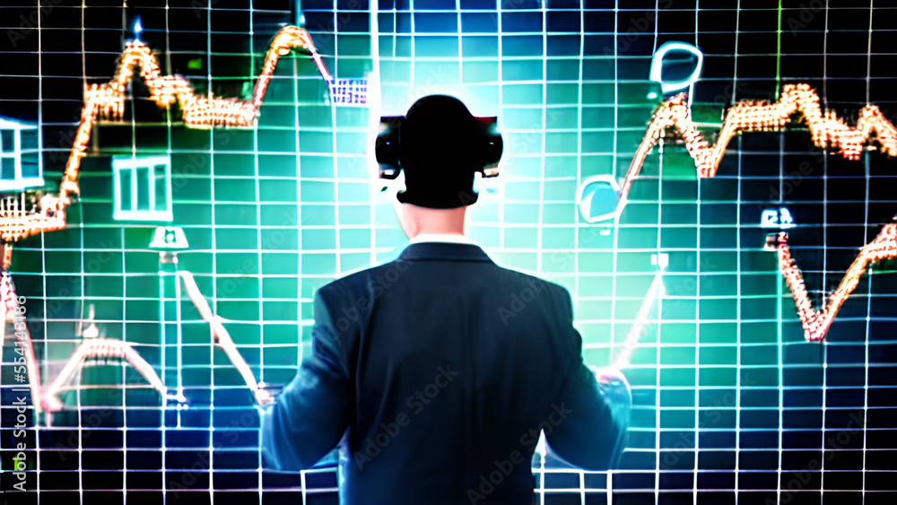 Businessman using virtual reality glasses watching hologram display of data business Stock and financial on global network. Metaverse, Visualization, Technology & Management strategy with AI generate Businessman using virtual reality glasses watching hologram display of data business Stock and financial on global network. Metaverse, Visualization, Technology & Management strategy with AI generate