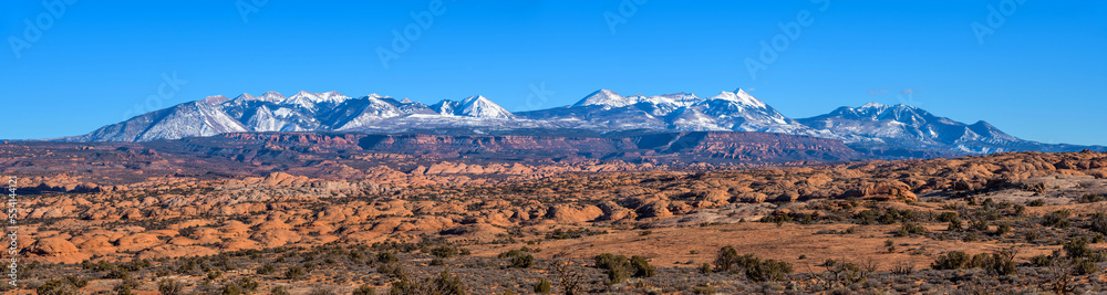La Sal Mountains - Panoramic view of snow-capped La Sal Mountains, towering above a vast field of orange petrified dunes and red sandstone mesa, on a sunny Winter day. Arches National Park, Utah, USA.