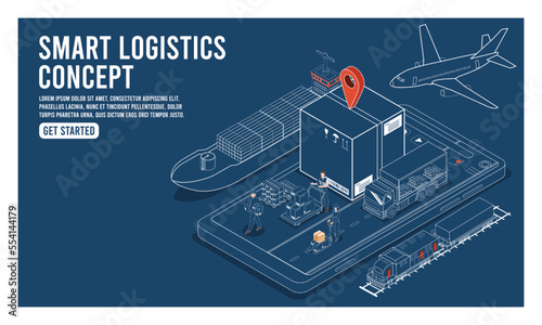 3D isometric Smart logistics concept with Warehouse Logistics and Management, Logistics solutions complete supply chain, transportation truck use wireless technology. Eps10 vector illustration
