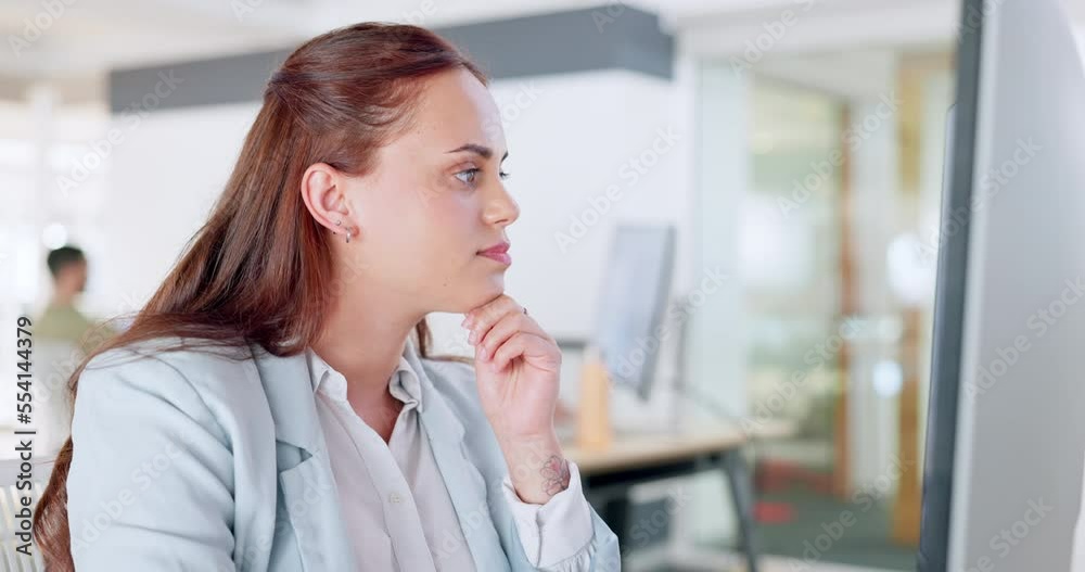 Office, working and business woman on computer doing research, business proposal and reading online report. Technology, project and girl thinking of ideas, vision and strategy in corporate workplace Office, working and business woman on computer doing research, business proposal and reading online report. Technology, project and girl thinking of ideas, vision and strategy in corporate workplace