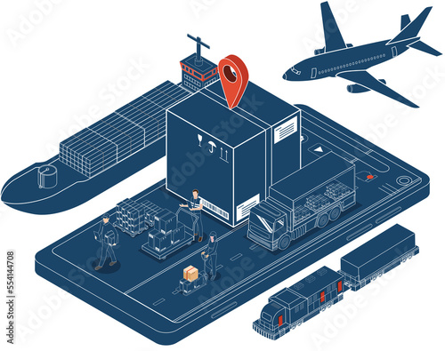 3D isometric Smart logistics concept with Warehouse Logistics and Management, Logistics solutions complete supply chain, transportation truck use wireless technology. Transparent PNG illustration