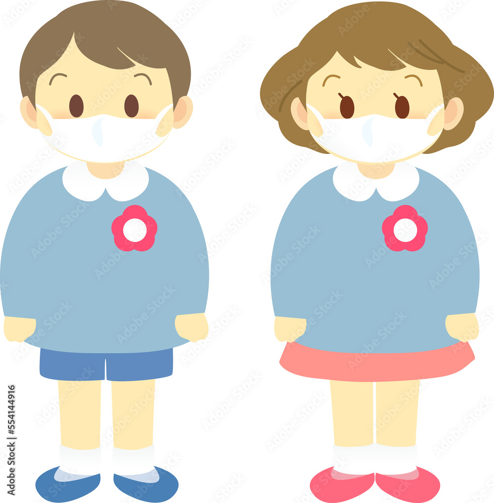 イラスト素材:マスク着用で男児と女児が仲良く並ぶ 幼稚園 保育園 (透過背景) イラスト素材:マスク着用で男児と女児が仲良く並ぶ 幼稚園 保育園 (透過背景)
