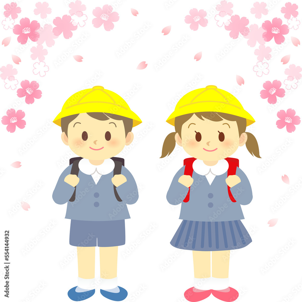 イラスト素材:桜満開の中で男児と女児で仲良く記念撮影する姿(透過背景) イラスト素材:桜満開の中で男児と女児で仲良く記念撮影する姿(透過背景)