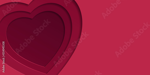 3D gradient background. Red paper cut out heart shape pattern in layers. Color of the year 2023 viva magenta. Design element for card, cover, banner, poster, backdrop, wall. Vector illustration.