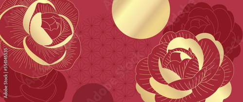 Happy Chinese new year luxury style pattern background vector. Oriental golden rose flower and line art on red background. Design illustration for wallpaper, card, poster, packaging, advertising.