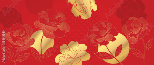 Happy Chinese new year luxury style pattern background vector. Golden rose flower line art on chinese pattern red background. Design illustration for wallpaper, card, poster, packaging, advertising.
