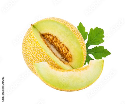 yellow cantaloupe melon with leaf isolated on transparent png