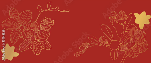 Happy Chinese new year luxury style pattern background vector. Oriental orchid flower gold line art texture on red background. Design illustration for wallpaper, card, poster, packaging, advertising.
