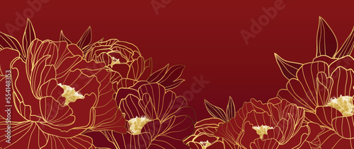 Happy Chinese new year luxury style pattern background vector. Oriental peony flower gold line art texture on red background. Design illustration for wallpaper, card, poster, packaging, advertising.