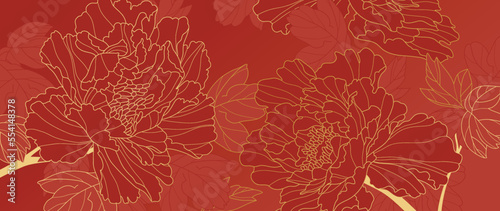 Happy Chinese new year luxury style pattern background vector. Oriental peony flower gold line art texture on red background. Design illustration for wallpaper, card, poster, packaging, advertising.