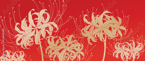 Happy Chinese new year luxury style pattern background vector. Oriental elegant golden spider lily flower on red background. Design illustration for wallpaper, card, poster, packaging, advertising.