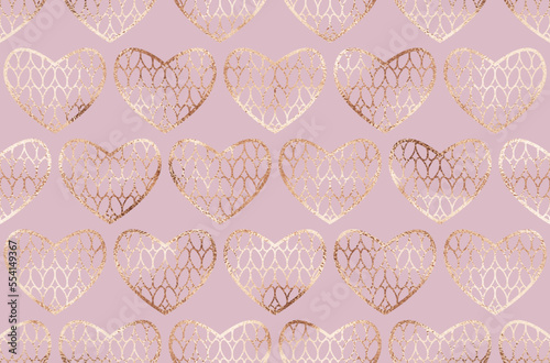 Luxury holiday geometric seamless pattern design with gold knitting hearts.