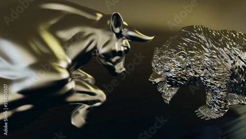 Metallic silver bull and bear sculpture staring at each other in dramatic contrasting light representing financial market trends under brown-white background. Concept 3D CG of stock market.