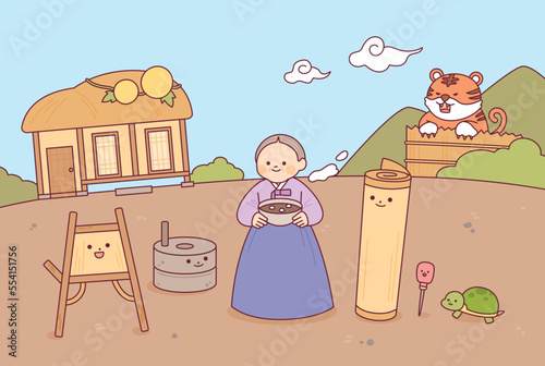 Korean traditional fairy tale. Grandma's red bean porridge and tiger.