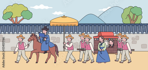 Korean traditional wedding scene. The groom is riding a horse and the bride is riding a palanquin.