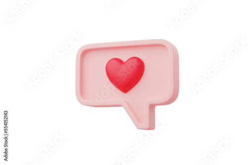 Valentine concept 3d red heart in speech bubble object isolated on pink background for graphic decorate. 3d render illustation with object clipping path.