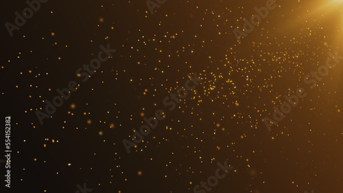 Abstract shiny golden dust particles floating with shiny light from corner