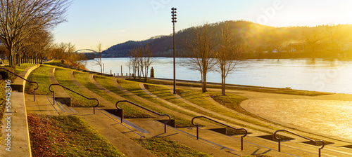 Panoramic view of the Ohio River with Vietnam Veterans Memorial Bridge between Wheeling West Virginia and Ohio, seen from Heritage Port amphitheater. in Wheeling, January 2022. 