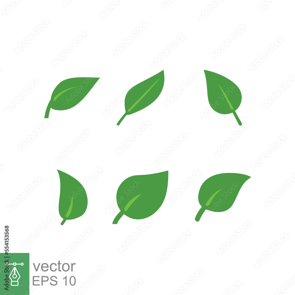 Leaf icon set. Green plant, tree, nature, floral, organic, environment concept collection. Simple flat style. Vector illustration isolated on white background. EPS 10.