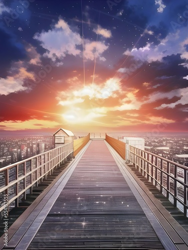 Sunset over the pier. Sunset painting and wooden bridge. Beautiful illustration of landscape Sunset.