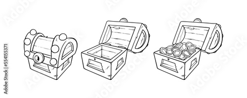 Treasure chests with golden coins. Set of wooden open and closed chests with money for games. Vector illustration isolated in white background