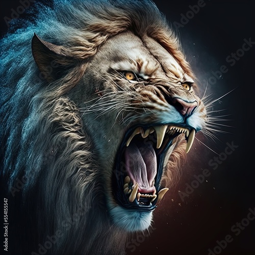 A magnificent lion roars.