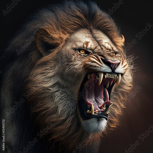 A magnificent lion roars.