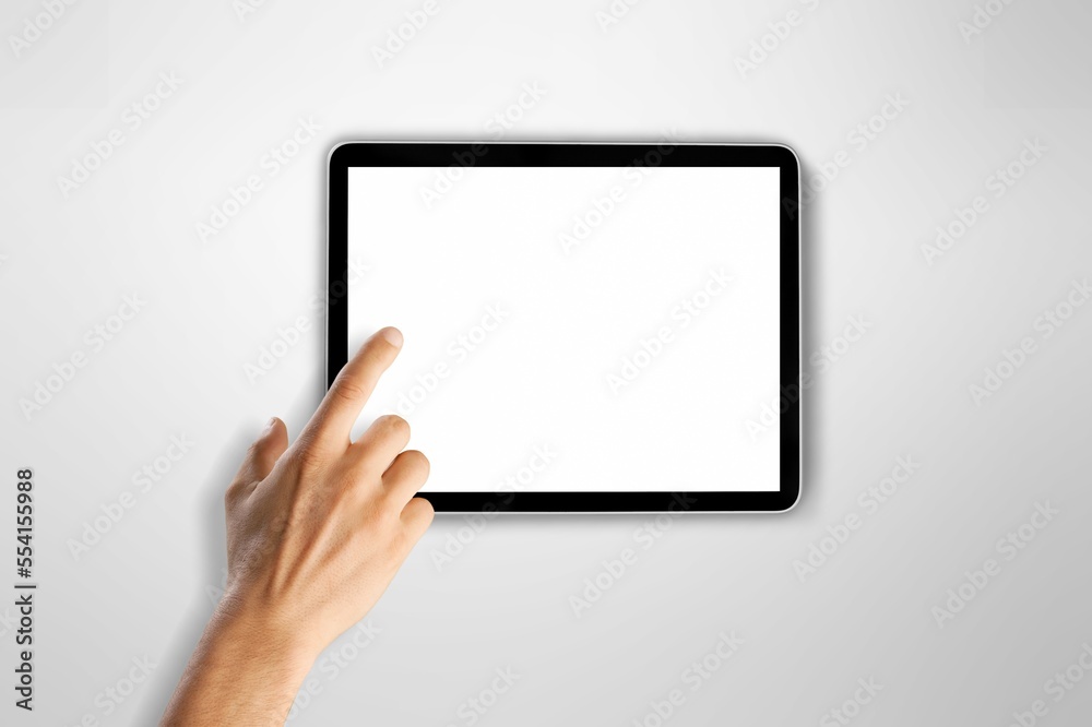 Hand hold a digital tablet with a blank screen Hand hold a digital tablet with a blank screen