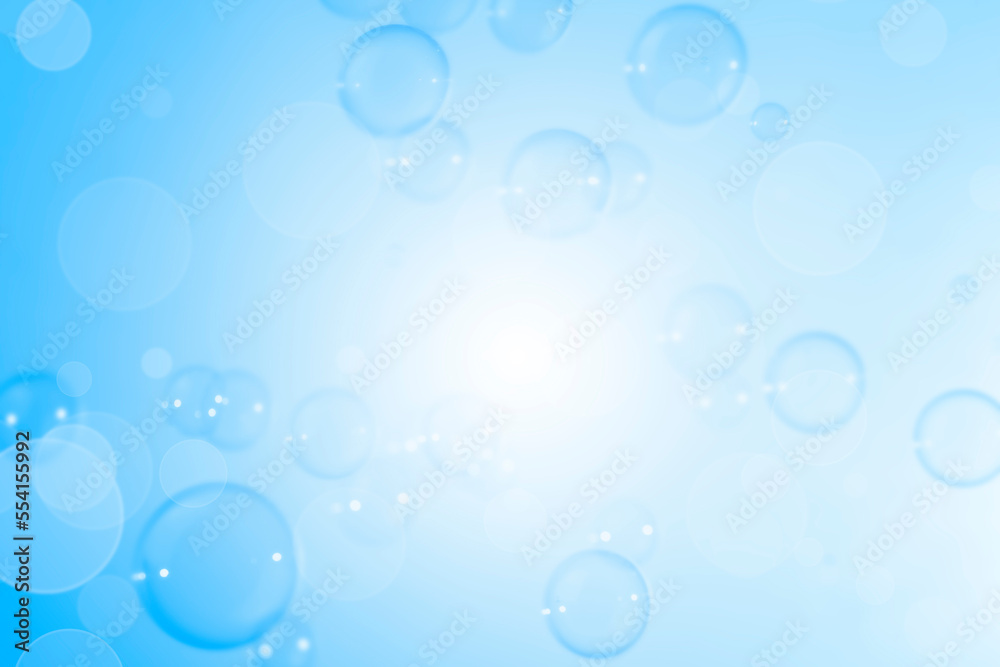 Abstract Beautiful Transparent Blue Soap Bubbles Background. Blurred White Bokeh, Defocus. Circles Bubbles. Freshness Soap Sud Bubbles	