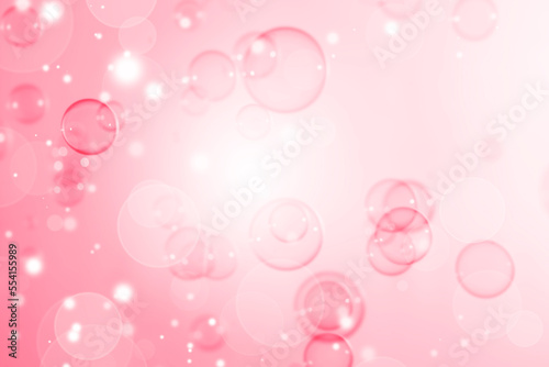 Abstract Beautiful Transparent Pink Soap Bubbles Background. White Bokeh, Snowfall Defocus, Blurred Celebration, Romantic Love ValentinesTheme. Circles Bubbles. Freshness Soap Sud Bubbles 