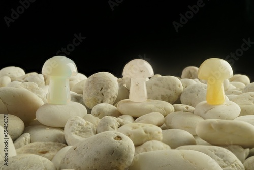 Stone mushrooms made from mixed gemstones and crystalize rock showing unique patterns and colours used in natural healing therapies photo