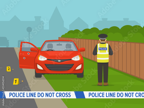Car driving. Do not cross police tape at crime scene. Car with dozen bullet holes and open front door on verge. Police officer writing a report. Flat vector illustration template.