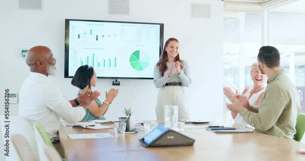 Success, presentation and business people applause in meeting for profit growth, sales target and goal. Strategy, team planning and happy workers clapping hands for finance chart, graphs and analysis Success, presentation and business people applause in meeting for profit growth, sales target and goal. Strategy, team planning and happy workers clapping hands for finance chart, graphs and analysis