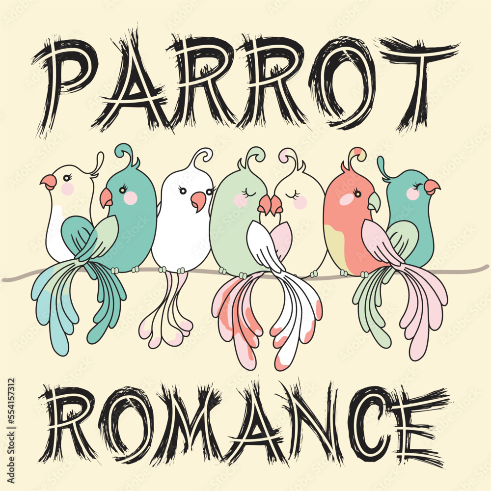 Flat art of Wavy Parrots kiss each other background. Vector illustration.
