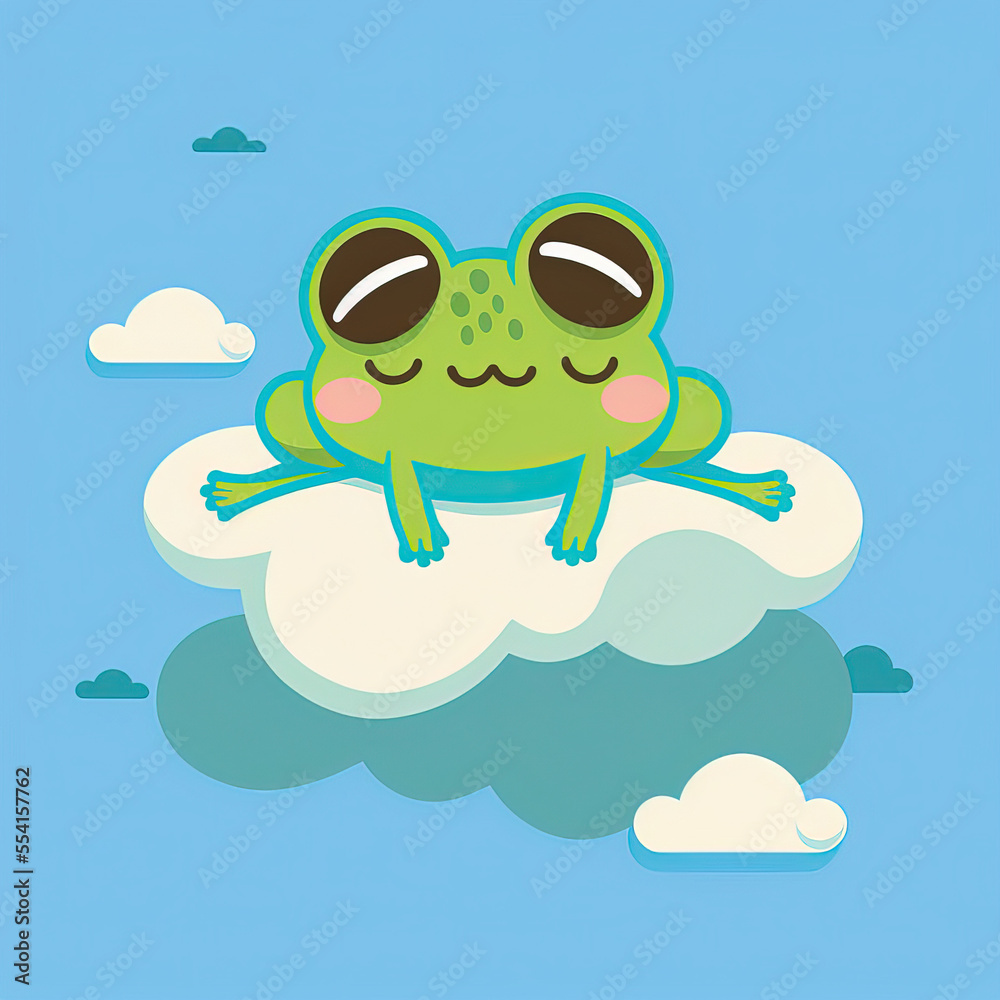 Obraz premium Cute Frog Sleep on a Cloud. KAWAII Stylish Comic Stamp. Flat Minimalist Design Art. For UI, WEB, Novel, Game, AD, Poster