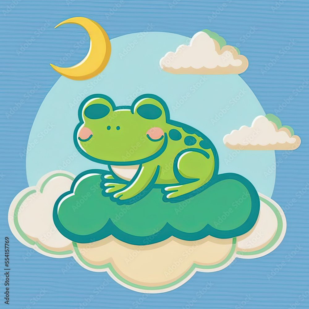 Cute Frog Sleep on a Cloud. KAWAII Stylish Comic Stamp. Flat Minimalist Design Art. For UI, WEB, Novel, Game, AD, Poster