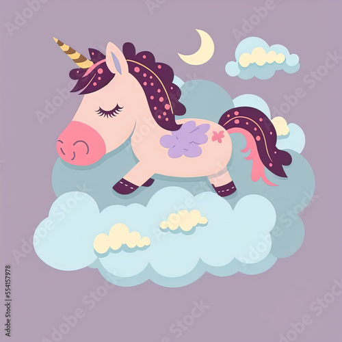Cute Horse Sleep on a Cloud. KAWAII Stylish Comic Stamp. Flat Minimalist Design Art. For UI  WEB  Novel  Game  AD  Poster